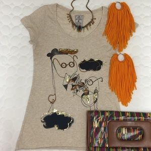 Zara Tan Graphic Tee with Sequin and Embroidery